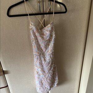 Windsor Tan and Pink Spaghetti Strap Mini Dress for Cocktail